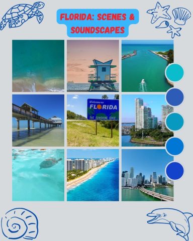 Florida piers and blue horizon mood board reflecting Soledad Music Official's coastal country with a French touch