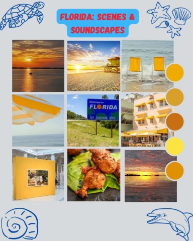 Florida sunset and coastal cuisine mood board inspiring Soledad Music Official's coastal country songs