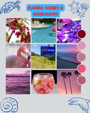 Florida tropical vibes mood board — flamingo, neon lights, and cocktails reflecting 